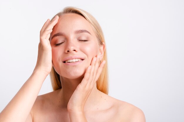 Close-up beautiful woman posing with white background