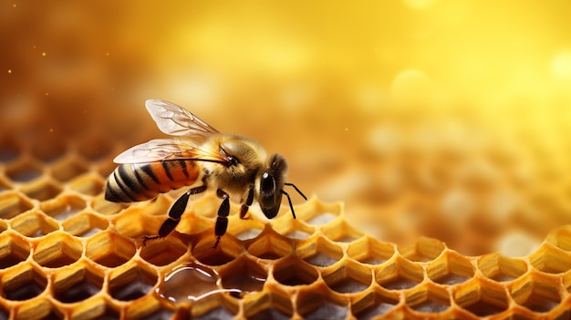 Close up on bee filing hive with honey