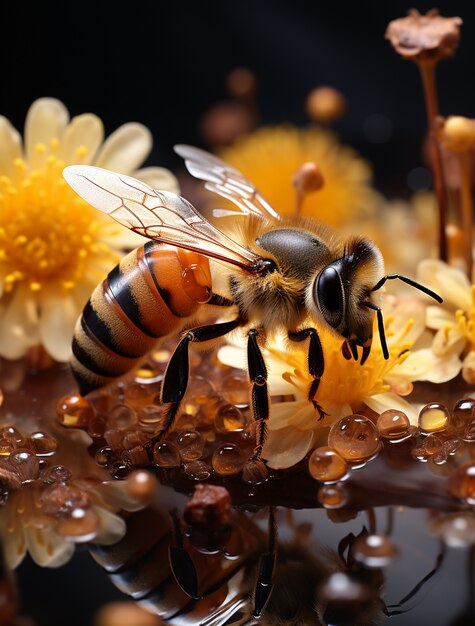 Close up on bee filing hive with honey