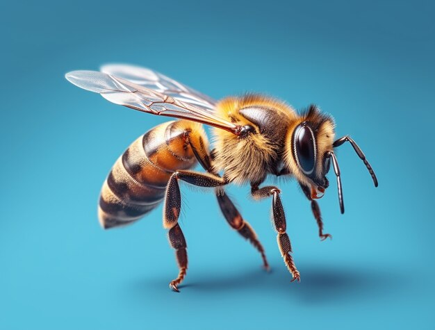 Close up on bee isolated on blue background