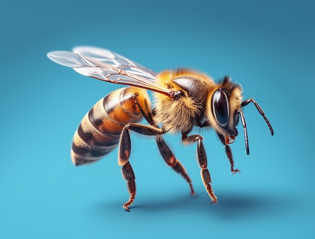 Крупным планом пчела изолирована на синем фоне