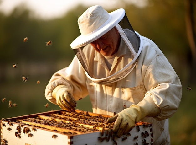 蜂蜜を集める養蜂家をクローズ アップ