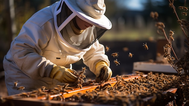 蜂蜜を集める養蜂家をクローズ アップ