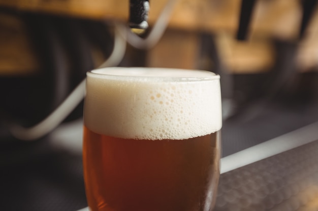 Close-up of beer glass with froth