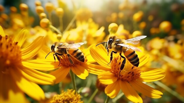 Close up on bees collecting nectar