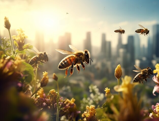 Крупным планом пчелы ищут цветы