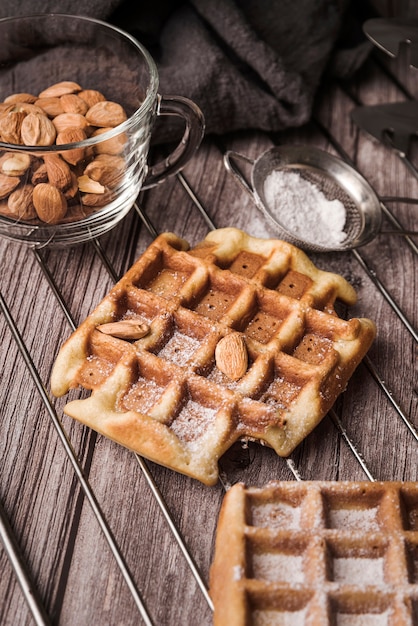 Close-up belgian waffle with almonds