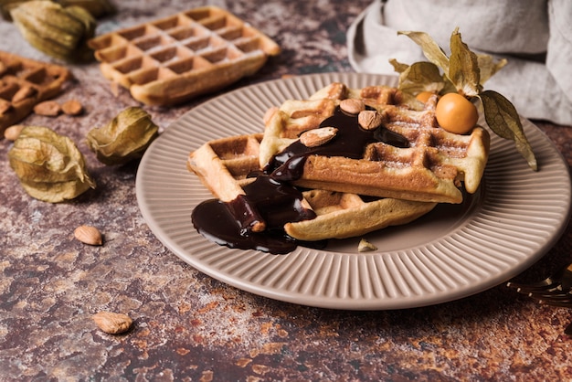 Free photo close-up belgian waffle with topping