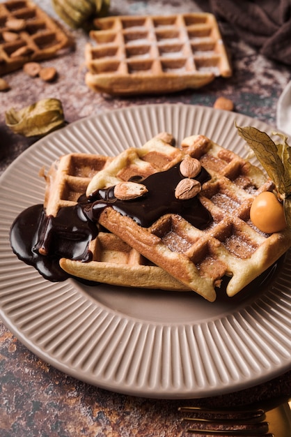 Close-up belgian waffle with topping