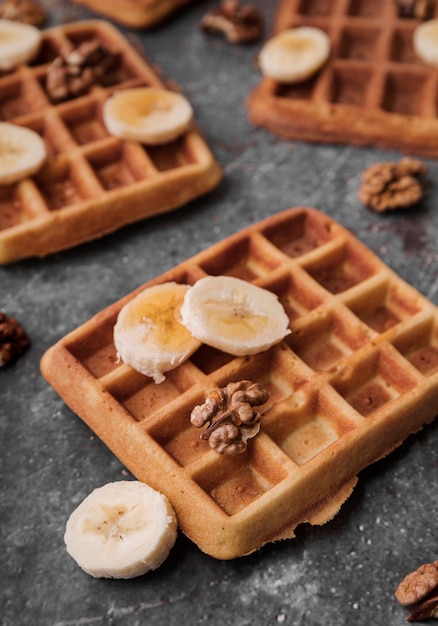 Close-up belgian waffles with banana
