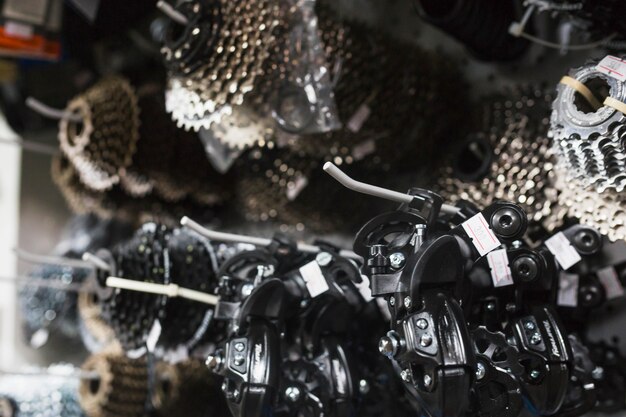 Close-up of bicycle parts in workshop