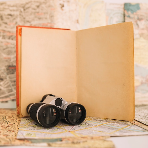 Close-up binoculars near notebook