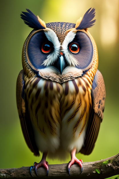 A close up of a bird with the word owl on it