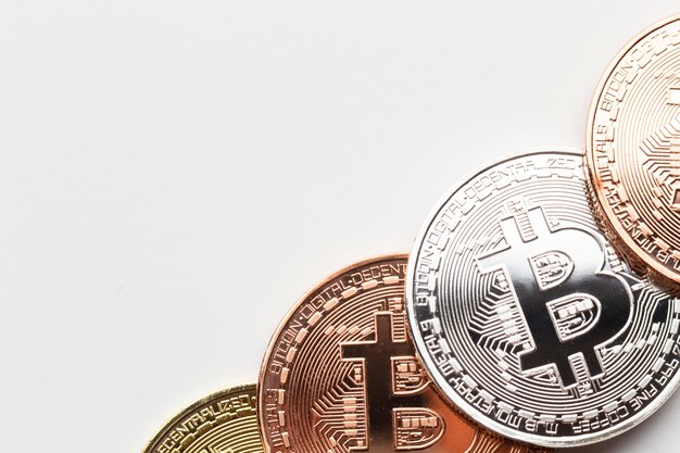 Close-up of bitcoin in different colors