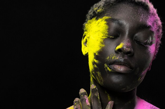 Close up black model with powder