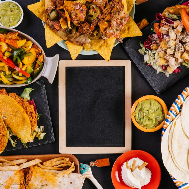 Close-up blackboard and Mexican dishes