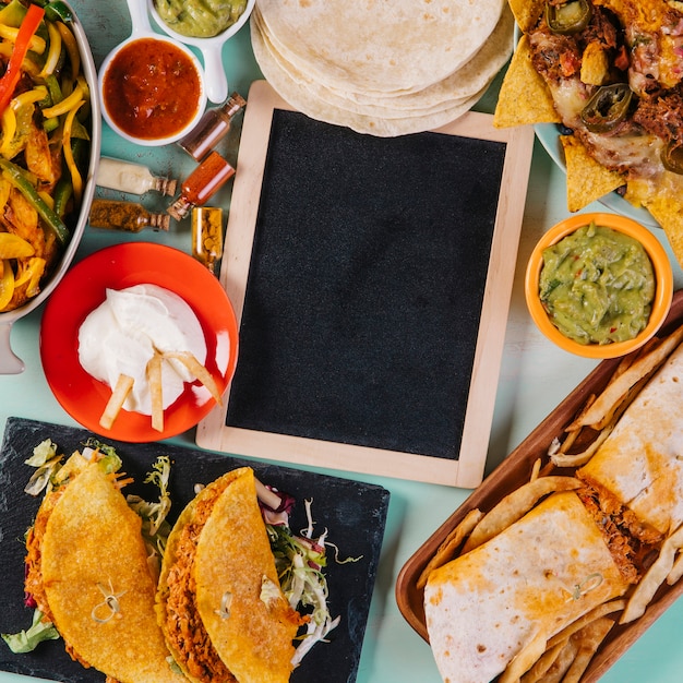 Close-up blackboard and national Mexican food