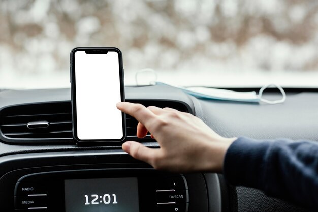 Close up blank screen mobile in car