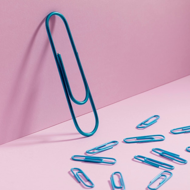 Close-up blue paper clips with copy space