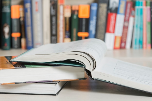 Close-up books near bookcase