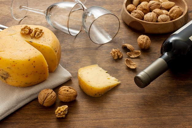 Close-up bottle of wine and cheese