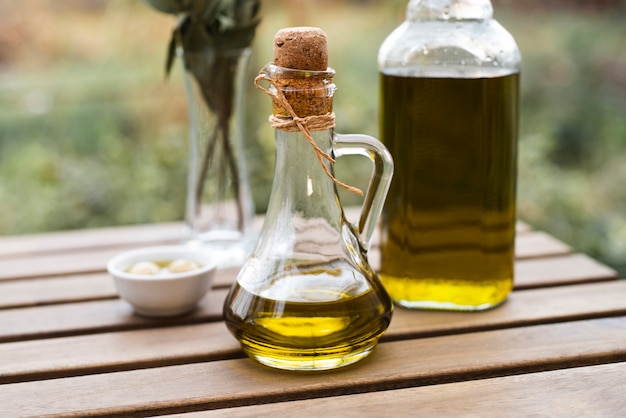 Close-up bottles of natural olive oil