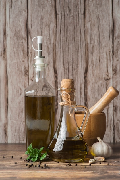 Close-up bottles of organic olive oil