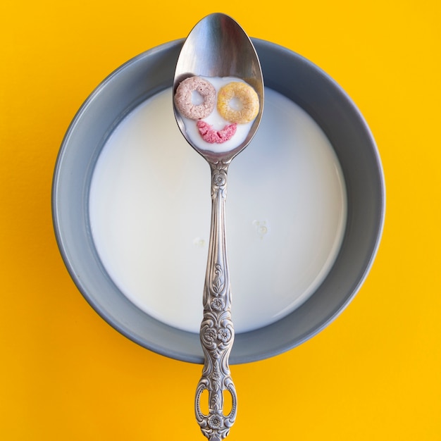 Close-up bowl of cereal with spoon above