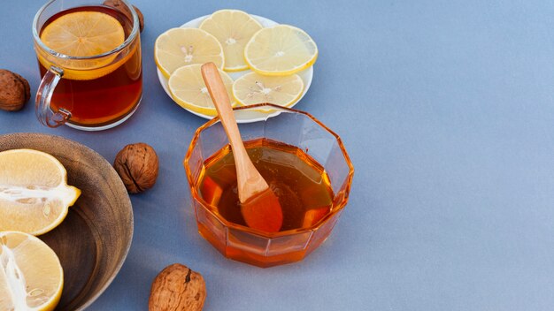 Close-up bowl filled with tasty honey