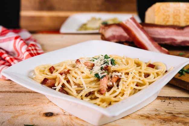 Close-up bowl with tasty pasta