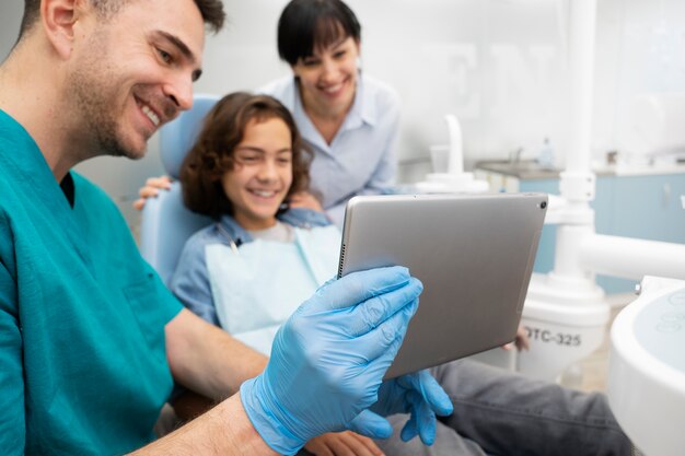 Close up on boy at the dentist