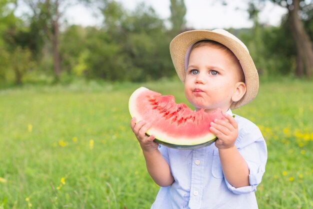 パーク、スイカ、スライス、食べる、少年のクローズアップ