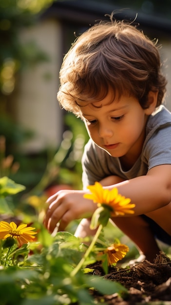 Close up on boy helping with gardening