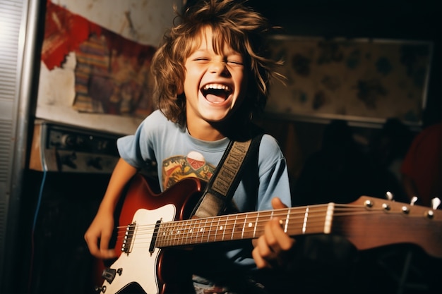 Близкий взгляд на мальчика, играющего на гитаре.