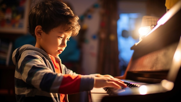 Close up on boy playing piano
