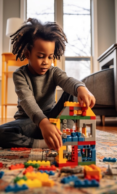 Free photo close up on boy playing with construction blocks