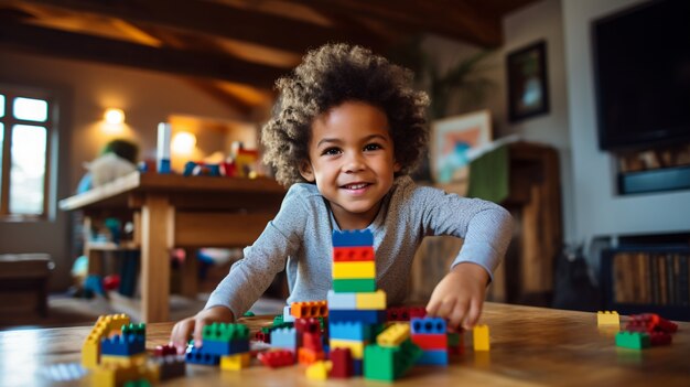 Close up on boy playing with construction blocks