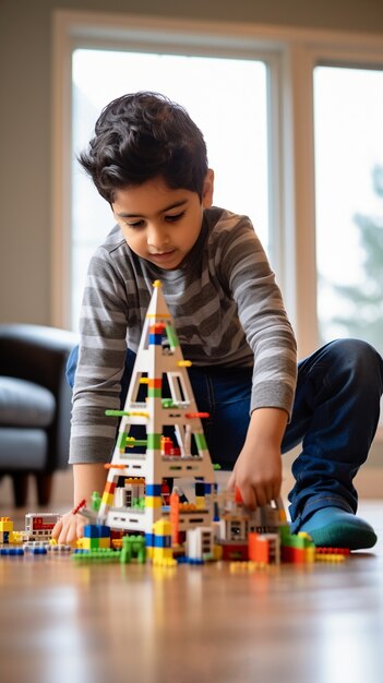 Close up on boy playing with construction blocks