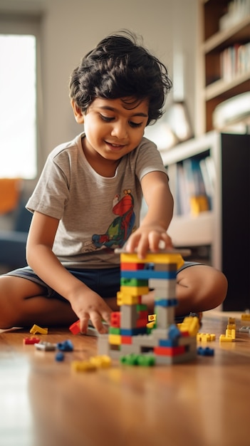 Close up on boy playing with construction blocks