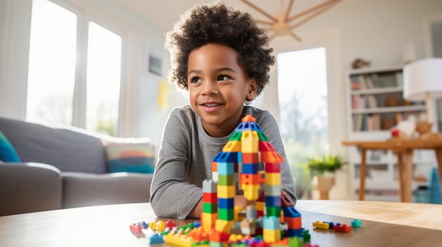 Close up on boy playing with legos