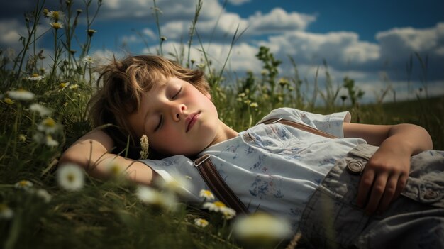 花の畑で眠っている少年をクローズアップ