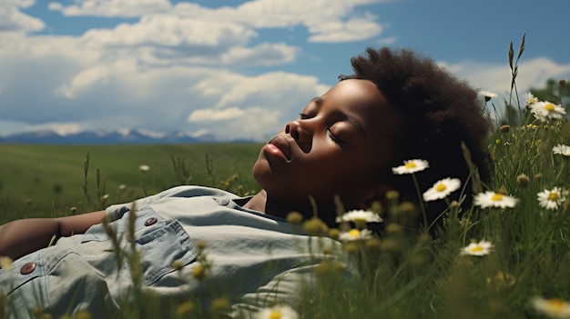 Close up on boy sleeping in flowery fields