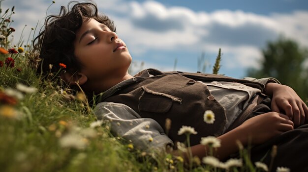 花の畑で眠っている少年をクローズアップ