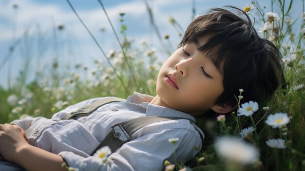 Близкий взгляд на мальчика, спящего в цветочных полях.