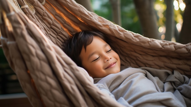 Free photo close up on boy sleeping in hammock