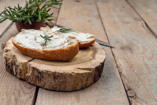 Close-up bread slices with tasty cheese on top