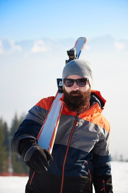 Close up of breaded man on winter trip