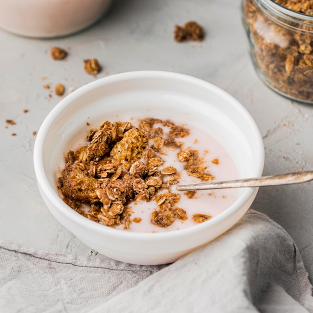 Close-up breakfast bowl with granola and milk