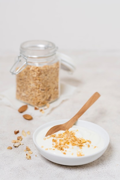 Close-up breakfast bowl with yogurt and oats