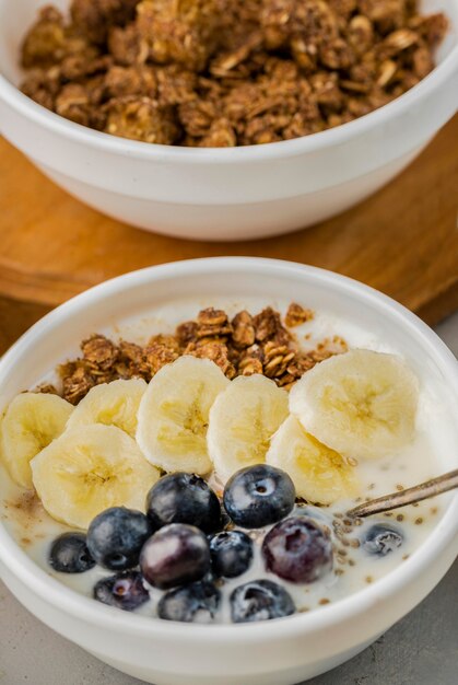 close-up breakfast bowls with granola and blueberry